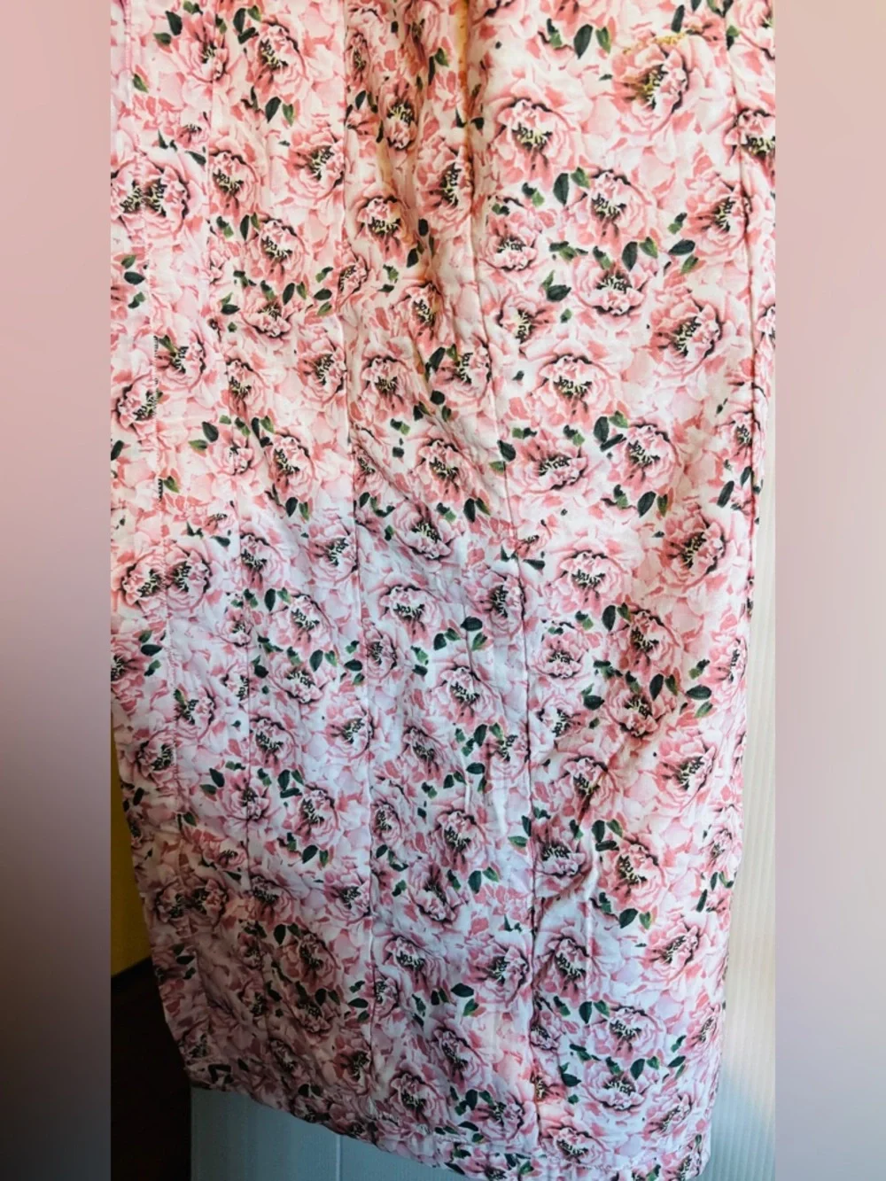 Handmade, baby Pink Floral and Gray Striped Quilt Panel 38 x 38“
